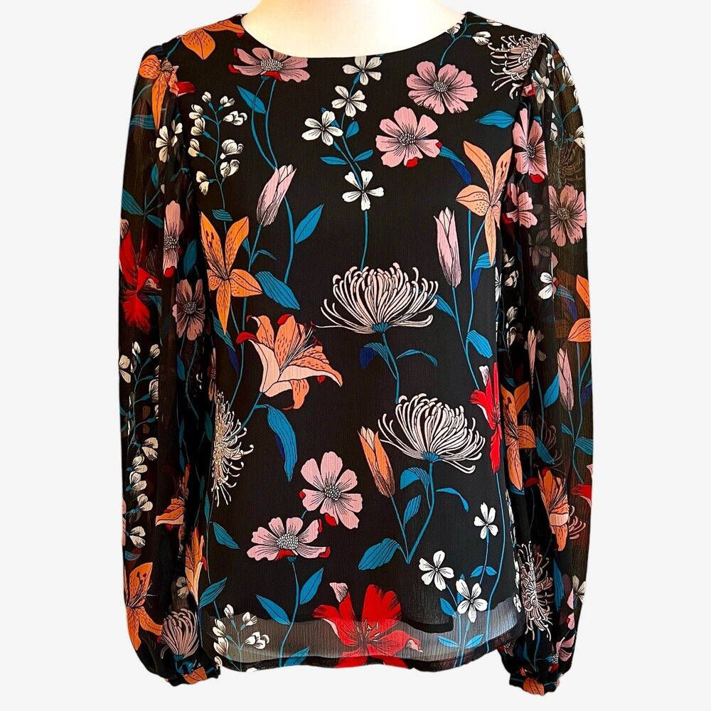 Who What Wear women's blouse long sleeves black lily floral multicolor XS